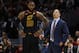 CLEVELAND, OH - APRIL 29: LeBron James #23 of the Cleveland Cavaliers and head coach Tyronn Lue talk while playing the Indiana Pacers in Game Seven of the Eastern Conference Quarterfinals during the 2018 NBA Playoffs at Quicken Loans Arena on April 29, 20
