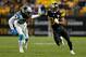 PITTSBURGH, PA - NOVEMBER 08: Antonio Brown #84 of the Pittsburgh Steelers runs a route as Donte Jackson #26 of the Carolina Panthers defends during the first half in the game at Heinz Field on November 8, 2018 in Pittsburgh, Pennsylvania. (Photo by Justi