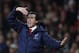 Arsenal's Spanish head coach Unai Emery gestures during their UEFA Europa league group stage football match between Arsenal and Sporting Lisbon at the Emirates stadium in London on November 8, 2018. (Photo by Adrian DENNIS / AFP) (Photo credit shou