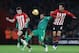 SOUTHAMPTON, ENGLAND - NOVEMBER 10: Troy Deeney of Watford battles for possession with Maya Yoshida and Pierre-Emile Hojbjerg of Southampton during the Premier League match between Southampton FC and Watford FC at St Mary's Stadium on November 10, 2018