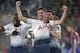 Tottenham Hotspur's Argentinian defender Juan Foyth (C) celebrates with teammates after scoring the opening goal of the English Premier League football match between Crystal Palace and Tottenham Hotspur at Selhurst Park in south London on November 10, 201