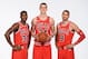CHICAGO, IL - SEPTEMBER 25: Kris Dunn #32, Lauri Markkanen #24 and Zach LaVine #8 of the Chicago Bulls poses for a portrait during the 2017-18 NBA Media Day on September 25, 2017 at the United Center in Chicago, Illinois. NOTE TO USER: User expressly ackn