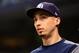 ST PETERSBURG, FL - SEPTEMBER 28: Blake Snell #4 of the Tampa Bay Rays gets ready to accept a Tampa General Hospital Player of the Year award prior to a game against the Toronto Blue Jays on September 28, 2018 at Tropicana Field in St Petersburg, Florida.