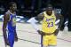 LAS VEGAS, NV- OCTOBER 10: LeBron James #23 of the Los Angeles Lakers and Kevin Durant #35 of the Golden State Warriors look on during the game on October 10, 2018 at T-Mobile Arena in Las Vegas, Nevada. NOTE TO USER: User expressly acknowledges and agr