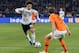 GELSENKIRCHEN, GERMANY - NOVEMBER 19: Leroy Sane of Germany is challenged by Daley Blind of the Netherlands during the UEFA Nations League A group one match between Germany and Netherlands at Veltins-Arena on November 19, 2018 in Gelsenkirchen, Germany. (