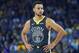 OAKLAND, CA - OCTOBER 31: Stephen Curry #30 of the Golden State Warriors looks on against the New Orleans Pelicans during an NBA basketball game at ORACLE Arena on October 31, 2018 in Oakland, California. NOTE TO USER: User expressly acknowledges and agr