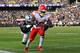 OAKLAND, CA - DECEMBER 02: Tyreek Hill #10 of the Kansas City Chiefs steps out of bounds diving short of the end zone against the Oakland Raiders during the second half of their NFL game at Oakland-Alameda County Coliseum on December 2, 2018 in Oakland,