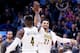 DENVER, CO - NOVEMBER 9: Paul Millsap #4 and Jamal Murray #27 of the Denver Nuggets high five during the game against the Oklahoma City Thunder on November 9, 2017 at Pepsi Center in Denver, Colorado. NOTE TO USER: User expressly acknowledges and agrees t