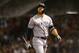 BOSTON, MA - OCTOBER 06: Giancarlo Stanton #27 of the New York Yankees looks on after striking out swinging during fifth inning of Game Two of the American League Division Series against the Boston Red Sox at Fenway Park on October 6, 2018 in Boston, Mass