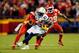 KANSAS CITY, MISSOURI - DECEMBER 13: Tight end Antonio Gates #85 of the Los Angeles Chargers is tackled after making a catch during the game against the Kansas City Chiefs at Arrowhead Stadium on December 13, 2018 in Kansas City, Missouri. (Photo by Davi