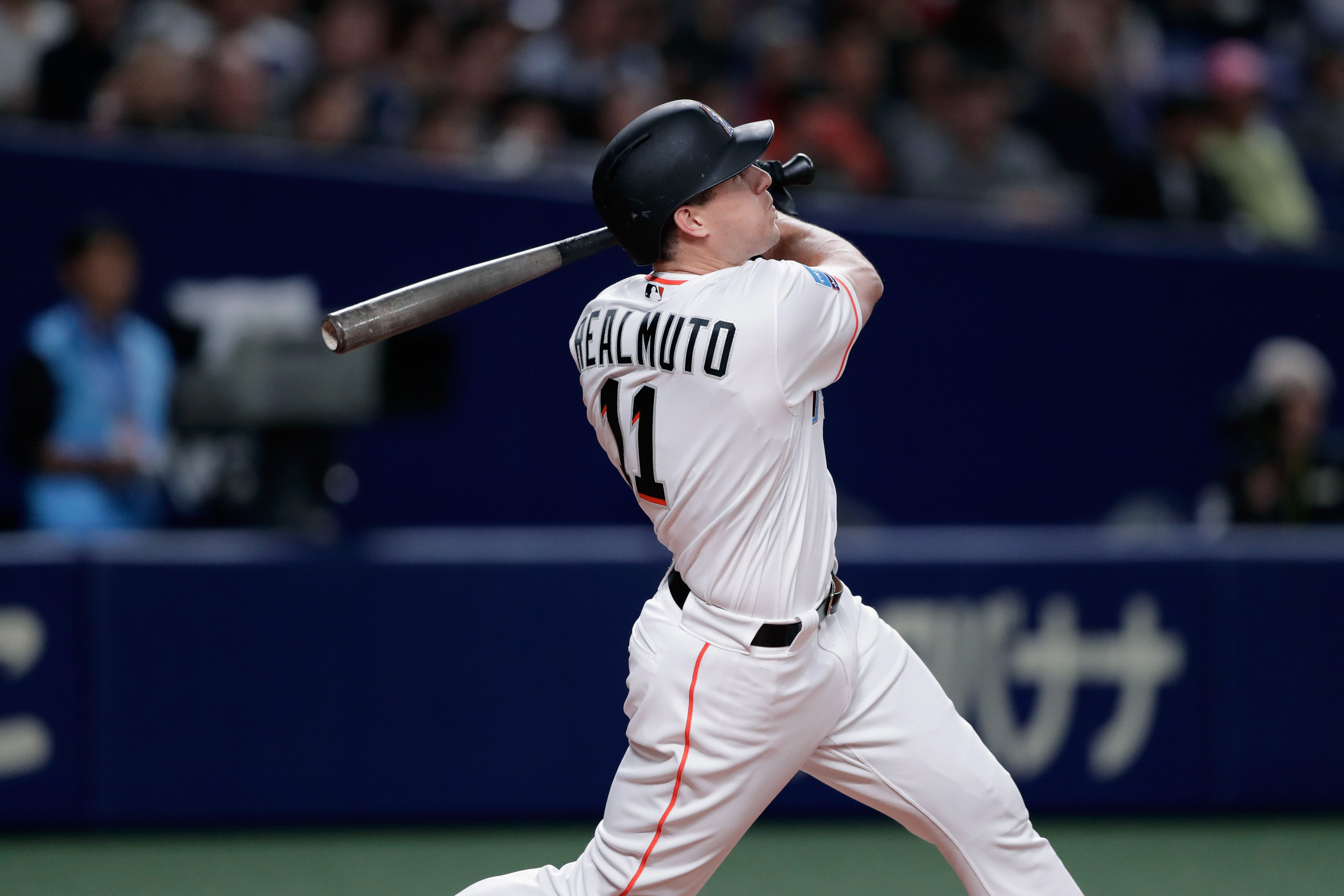 NAGOYA, JAPAN - NOVEMBER 15: Deesignated hitter J.T. Realmuto #11 of the Miami Marlins flies out in the bottom of 5th inning during the game six between Japan and MLB All Stars at Nagoya Dome on November 15, 2018 in Nagoya, Aichi, Japan. (Photo by Kiyosh