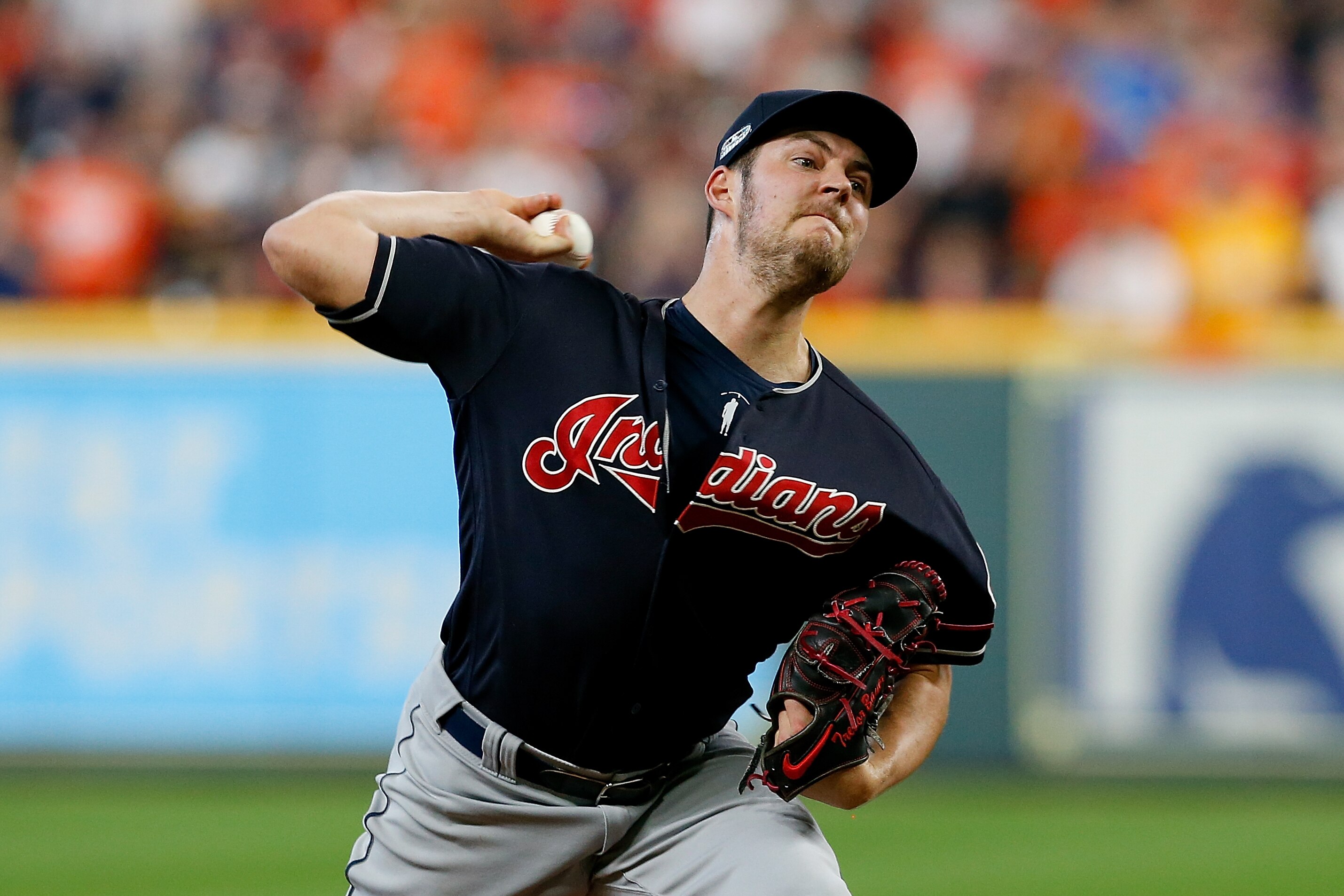 HOUSTON, TX - OCTOBER 06: Trevor Bauer #47 of the Cleveland Indians delivers a pitch in the sixth inning against the Houston Astros during Game Two of the American League Division Series at Minute Maid Park on October 6, 2018 in Houston, Texas. (Photo b