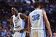 LAS VEGAS, NEVADA - NOVEMBER 22: Nassir Little #5 and Luke Maye #32 of the North Carolina Tar Heels stand on the court during their game against th eTexas Longhorns during the 2018 Continental Tire Las Vegas Invitational basketball tournament at the Orle