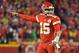 KANSAS CITY, MO - DECEMBER 13: Quarterback Patrick Mahomes #15 of the Kansas City Chiefs reacts after throwing a touchdown pas during the first half against the Los Angeles Chargers on December 13, 2018 at Arrowhead Stadium in Kansas City, Missouri. (Ph