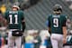 PHILADELPHIA, PA - SEPTEMBER 23: Carson Wentz #11 and Nick Foles #9 of the Philadelphia Eagles warm up prior to the game against the Indianapolis Colts at Lincoln Financial Field on September 23, 2018 in Philadelphia, Pennsylvania. (Photo by Mitchell Leff