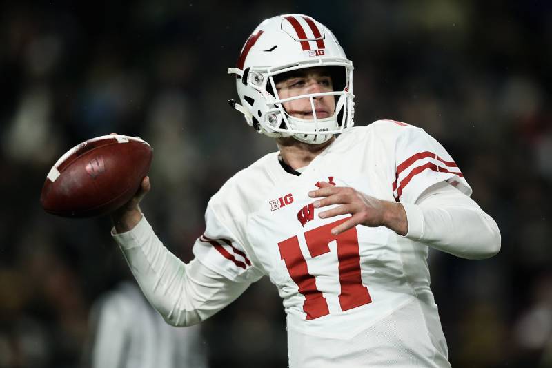 WEST LAFAYETTE, INDIANA - NOVEMBER 17: Jack Coan #17 of the Wisconsin Badgers throws a pass in the third quarter against the Purdue Boilermakers at Ross-Ade Stadium on November 17, 2018 in West Lafayette, Indiana. [Photo by Dylan Buell/Getty Images)