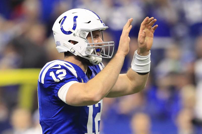INDIANAPOLIS, INDIANA - DECEMBER 23: Andrew Luck #12 of the Indianapolis Colts celebrates after a touchdown in the game against the New York Giants in the second quarter at Lucas Oil Stadium on December 23, 2018 in Indianapolis, Indiana. (Photo by Andy Ly
