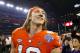 ARLINGTON, TEXAS - DECEMBER 29: Trevor Lawrence #16 of the Clemson Tigers celebrates after defeating the Notre Dame Fighting Irish during the College Football Playoff Semifinal Goodyear Cotton Bowl Classic at AT&T Stadium on December 29, 2018 in Arlington