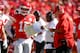 KANSAS CITY, MO - SEPTEMBER 23: Patrick Mahomes #15 of the Kansas City Chiefs and teammate Anthony Sherman #42 stand with head coach Andy Reid and offensive coordinator Eric Bieniemy in the fourth quarter of the game against the San Francisco 49ers at Arr