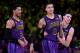 LOS ANGELES, CA - NOVEMBER 30: Lonzo Ball #2, Kyle Kuzma #0 and Josh Hart #3 of the Los Angeles Lakers joke during a 114-103 win over the Dallas Mavericks at Staples Center on November 30, 2018 in Los Angeles, California. NOTE TO USER: User expressly ac