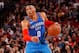 PORTLAND, OR - JANUARY 4: Russell Westbrook #0 of the Oklahoma City Thunder handles the ball during the game against the Portland Trail Blazers on January 4, 2019 at the Moda Center Arena in Portland, Oregon. NOTE TO USER: User expressly acknowledges and