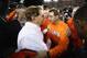 SANTA CLARA, CA - JANUARY 07: Head coach Dabo Swinney of the Clemson Tigers meets head coach Nick Saban of the Alabama Crimson Tide at mid-field after his 44-16 win in the CFP National Championship presented by AT&T at Levi's Stadium on January 7, 2019 i