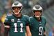 PHILADELPHIA, PA - SEPTEMBER 23: (L-R) Quarterback Carson Wentz #11 of the Philadelphia Eagles and teammate quarterback Nick Foles #9 look on during warm ups before taking on the Indianapolis Colts at Lincoln Financial Field on September 23, 2018 in Phil