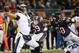 CHICAGO, IL - JANUARY 06: Nick Foles #9 of the Philadelphia Eagles passes under pressure from Khalil Mack #52 of the Chicago Bears during an NFC Wild Card playoff game at Soldier Field on January 6, 2019 in Chicago, Illinois. The Eagles defeated the Bear