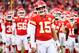 KANSAS CITY, MISSOURI - DECEMBER 30: Quarterback Patrick Mahomes #15 of the Kansas City Chiefs greets teammates during player introductions prior to the game against the Oakland Raiders at Arrowhead Stadium on December 30, 2018 in Kansas City, Missouri.