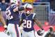 FOXBOROUGH, MA - DECEMBER 23: James White #28 of the New England Patriots celebrates with Joe Thuney #62 after rushing for a 27-yard touchdown during the second quarter against the Buffalo Bills at Gillette Stadium on December 23, 2018 in Foxborough, Mas