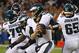 CHICAGO, IL - JANUARY 06: Nick Foles #9 of the Philadelphia Eagles rolls out to look for a receiver against the Chicago Bears during an NFC Wild Card playoff game at Soldier Field on January 6, 2019 in Chicago, Illinois. The Eagles defeated the Bears 16-