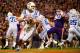 CLEMSON, SC - NOVEMBER 17: Daniel Jones #17 of the Duke Blue Devils scrambles out of the pocket against the Clemson Tigers at Clemson Memorial Stadium on November 17, 2018 in Clemson, South Carolina. (Photo by Lance King/Getty Images)