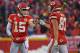 KANSAS CITY, MO - JANUARY 12: Quarterback Patrick Mahomes #15 of the Kansas City Chiefs givs tight end Travis Kelce #87 a fist pump after a play against the Indianapolis Colts, during the first half of the AFC Divisional Round playoff game at Arrowhead St