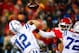 KANSAS CITY, MO - JANUARY 12: Outside linebacker Dee Ford #55 of the Kansas City Chiefs jars the football out of the hand of quarterback Andrew Luck #12 of the Indianapolis Colts during the AFC Divisional Playoff at Arrowhead Stadium on January 12, 2019 i