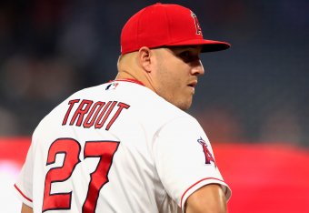 ANAHEIM, CA - SEPTEMBER 25: Mike Trout #27 of the Los Angeles Angels of Anaheim  looks on prior to a game against the Texas Rangers at Angel Stadium on September 25, 2018 in Anaheim, California.  (Photo by Sean M. Haffey/Getty Images)