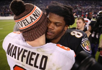 BALTIMORE, MARYLAND - DECEMBER 30: Quarterback Lamar Jackson #8 of the Baltimore Ravens hugs quarterback Baker Mayfield #6 of the Cleveland Browns after the Baltimore Ravens 26-24 win over Cleveland Browns at M&T Bank Stadium on December 30, 2018 in Balti
