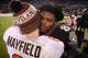 BALTIMORE, MARYLAND - DECEMBER 30: Quarterback Lamar Jackson # 8 of the Baltimore Ravens hugs quarterback Baker Mayfield # 6 of the Cleveland Browns after the Baltimore Ravens 26-24 win over Cleveland Browns at M&T Bank Stadium on December 30, 2018 in Balti