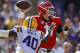 BATON ROUGE, LA - OCTOBER 13: Jake Fromm #11 of the Georgia Bulldogs throws the ball as Devin White #40 of the LSU Tigers defends during the first half at Tiger Stadium on October 13, 2018 in Baton Rouge, Louisiana. (Photo by Jonathan Bachman/Getty Image