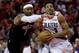 HOUSTON, TX - OCTOBER 30: CJ McCollum #3 of the Portland Trail Blazers drives past Carmelo Anthony #7 of the Houston Rockets in the first quarter at Toyota Center on October 30, 2018 in Houston, Texas. NOTE TO USER: User expressly acknowledges and agrees