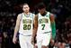 MIAMI, FL - JANUARY 10: Gordon Hayward #20 and Jaylen Brown #7 of the Boston Celtics react against the Miami Heat at American Airlines Arena on January 10, 2019 in Miami, Florida. NOTE TO USER: User expressly acknowledges and agrees that, by downloading