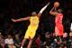 LOS ANGELES, CA - OCTOBER 28: James Harden #13 of the Houston Rockets shoots over Kobe Bryant #24 of the Los Angeles Lakers at Staples Center on October 28, 2014 in Los Angeles, California. NOTE TO USER: User expressly acknowledges and agrees that, by do