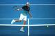 MELBOURNE, AUSTRALIA - JANUARY 25: Lucas Pouille of France plays a backhand in his men's semi final match against Novak Djokovic of Serbia during day 12 of the 2019 Australian Open at Melbourne Park on January 25, 2019 in Melbourne, Australia. (Photo by