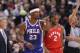 TORONTO, ON - DECEMBER 05: Jimmy Butler #23 of the Philadelphia 76ers reacts after scoring a three-pointer in the second quarter as Kawhi Leonard #2 of the Toronto Raptors looks on at Scotiabank Arena on December 5, 2018 in Toronto, Canada. NOTE TO USER: