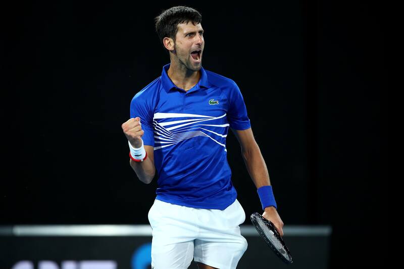 MELBOURNE, AUSTRALIA - JANUARY 27: Novak Djokovic of Serbia celebrates a point in his Men's Singles Final match against Rafael Nadal of Spain during day 14 of the 2019 Australian Open at Melbourne Park on January 27, 2019 in Melbourne, Australia. (Photo