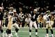New England Patriots kicker Adam Vinatieri (4) celebrates his 48-yard game-winning kick during Super Bowl XXXVI, a 20-17 victory over the St. Louis Rams on February 3, 2002, at the Louisiana Superdome in New Orleans, Louisiana. (Photo by Sylvia Allen/Gett