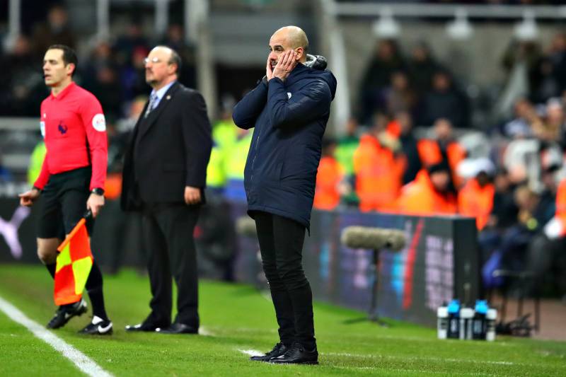 NEWCASTLE UPON TYNE, ENGLAND - JANUARY 29:  Manchester City manager Josep Guardiola looks dejected on the sidelines during the Premier League match between Newcastle United and Manchester City at St. James Park on January 29, 2019 in Newcastle upon Tyne, 