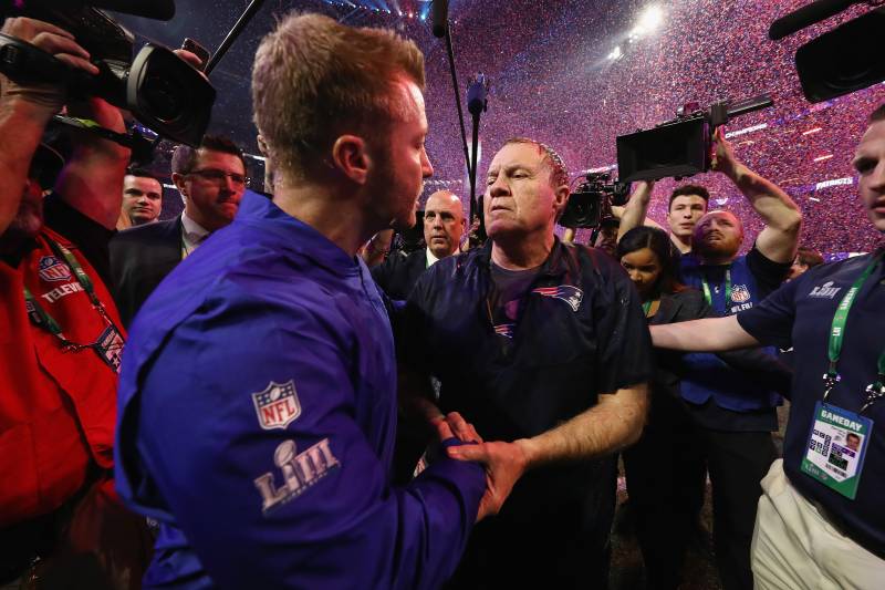 ATLANTA, GA - FEBRUARY 03:  Head Coach Sean McVay of the Los Angeles Rams and Head Coach Bill Belichick of the New England Patriots shake hands at the end of the Super Bowl LIII at Mercedes-Benz Stadium on February 3, 2019 in Atlanta, Georgia. The New Eng