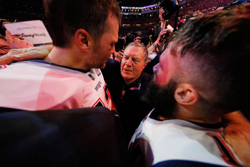 ATLANTA, GA - FEBRUARY 03: Head coach Bill Belichick of the New England Patriots celebrates with Tom Brady #12 and Julian Edelman #11 after the Patriots defeat the Los Angeles Rams 13-3 during Super Bowl LIII at Mercedes-Benz Stadium on February 3, 2019 i