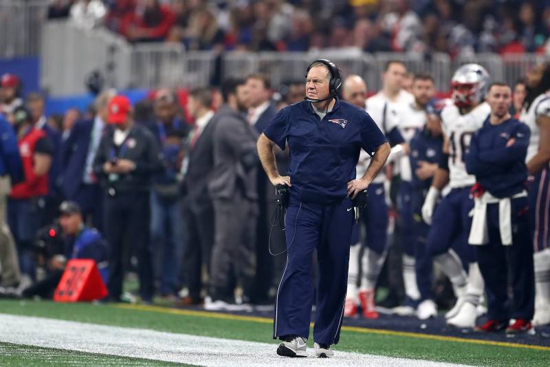 ATLANTA, GEORGIA - FEBRUARY 03: Head coach Bill Belichick of the New England Patriots reacts in the second half against Los Angeles Rams  during Super Bowl LIII at Mercedes-Benz Stadium on February 03, 2019 in Atlanta, Georgia. (Photo by Maddie Meyer/Gett