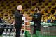 BOSTON, MA - NOVEMBER 17: General Manager Danny Ainge and Kyrie Irving #11 of the Boston Celtics talk before the game against the Utah Jazz on November 17, 2018 at the TD Garden in Boston, Massachusetts. NOTE TO USER: User expressly acknowledges and agree